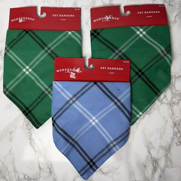Lot Of 3‎ Wondershop Target Pet Bandana Dogs Cats Flannel Blue Green Plaid - Picture 1 of 2